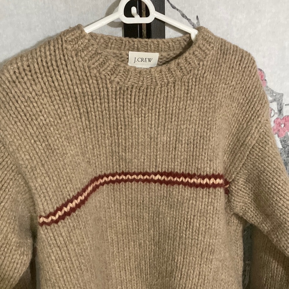 Vintage J.Crew Tan Wool Knit Red Stripe Crewneck Mens Sweater Size Xlarge